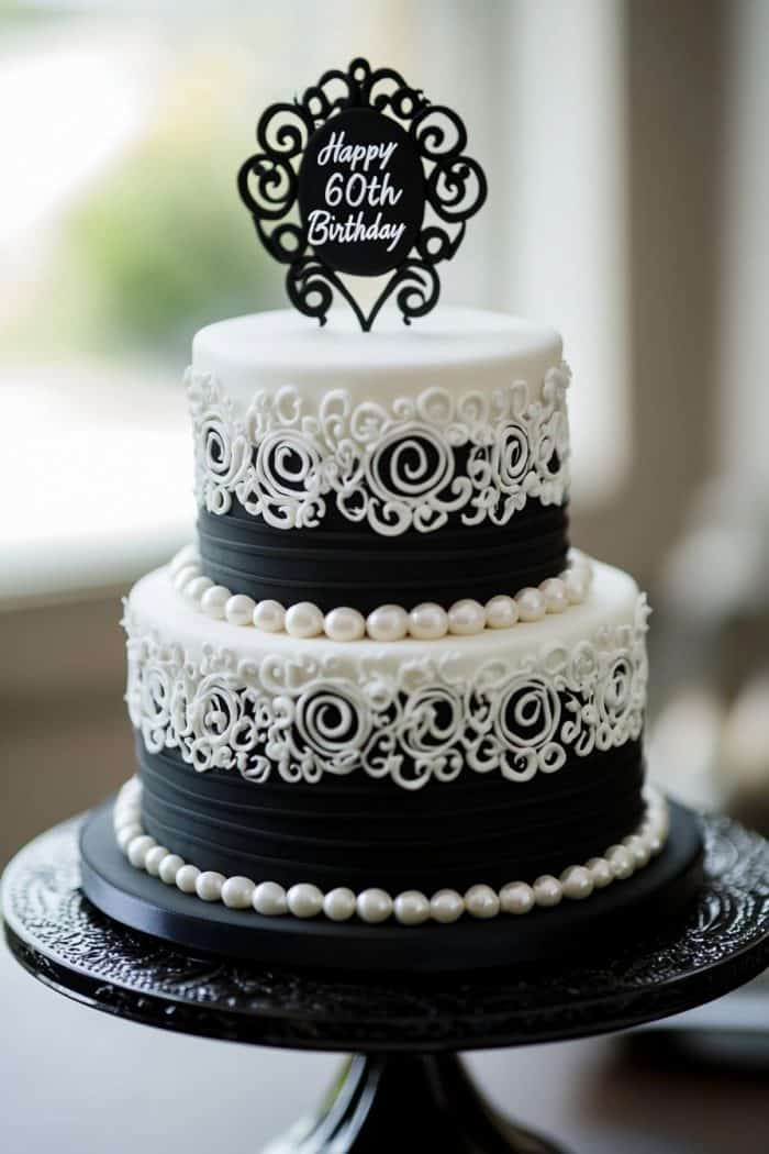 A two-tier black and white cake with intricate lace designs and pearl decorations. A topper reads "Happy 60th Birthday." The cake is set on an elegant black stand.