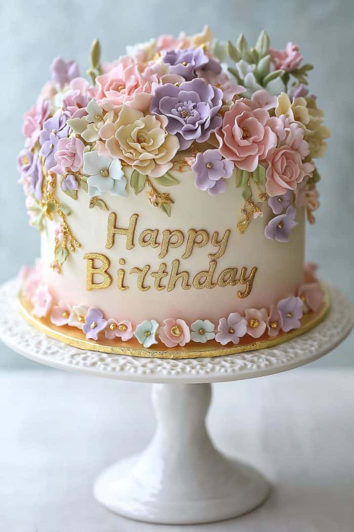 A beautifully decorated birthday cake with pastel-colored flowers and "Happy Birthday" written in gold icing. The cake is displayed on a white stand against a light background.