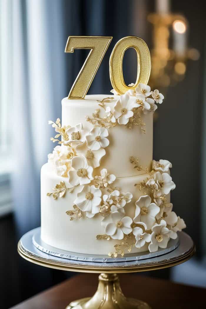 A two-tier white cake adorned with white and gold flowers, topped with a golden "70" decoration. The cake is displayed on a gold stand, positioned in front of a softly-lit background.