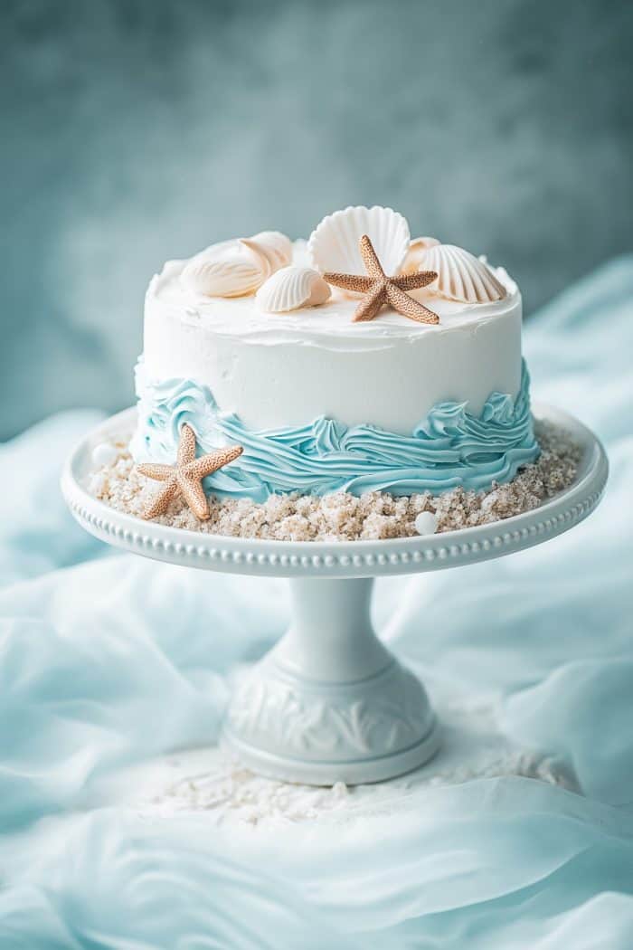 A decorated cake sits on a white pedestal. It features white frosting with blue waves and is adorned with realistic shell and starfish decorations. Crumbled cookie sand surrounds the base, evoking a beach theme.