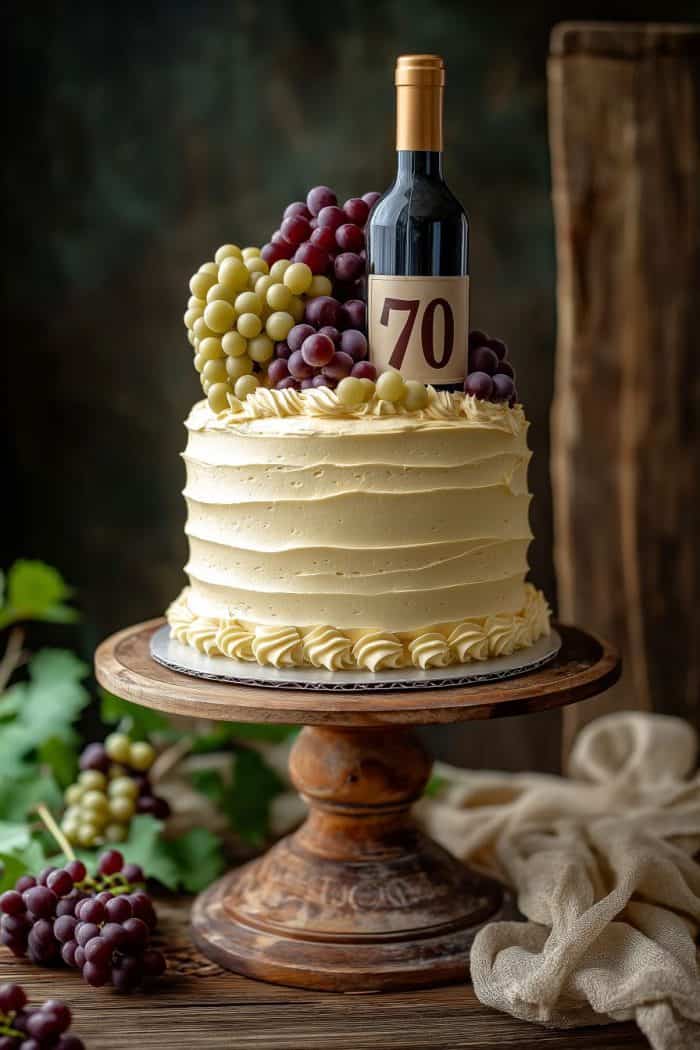 A decorated cake with white frosting, topped with a bottle of wine labeled "70," grapes in red and green, sits on a rustic wooden stand. Additional grapes and greenery are in the background, creating a celebratory atmosphere.