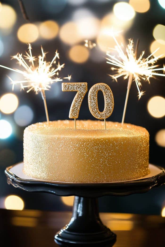 A glittery gold cake topped with the number 70 and lit sparklers, set against a backdrop of blurred lights, creating a festive and celebratory atmosphere.