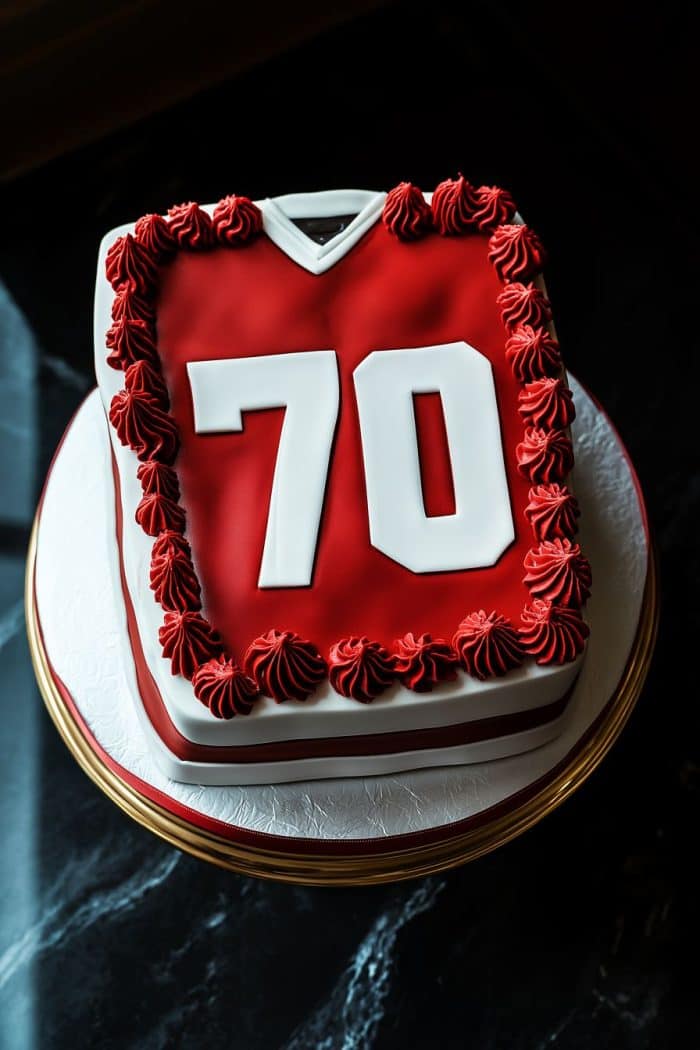 A square cake decorated to resemble a red sports jersey with the number "70" in white on top. It is bordered with red frosting swirls and sits on a white, round platter with a striped edge.