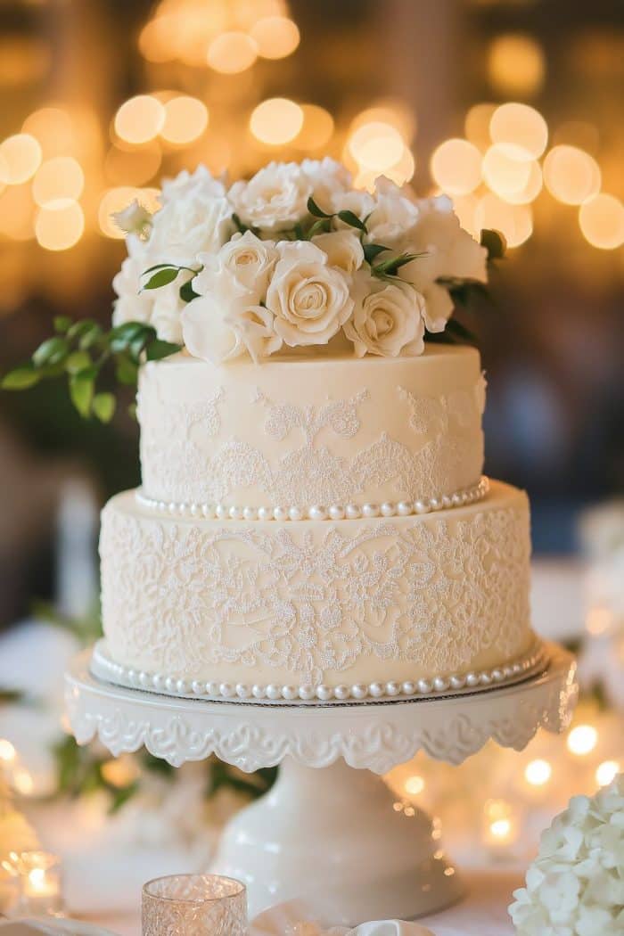 Elegant two-tier white wedding cake decorated with intricate lace patterns and adorned with white roses on top. The cake sits on a decorative stand, surrounded by soft, glowing lights in the background.