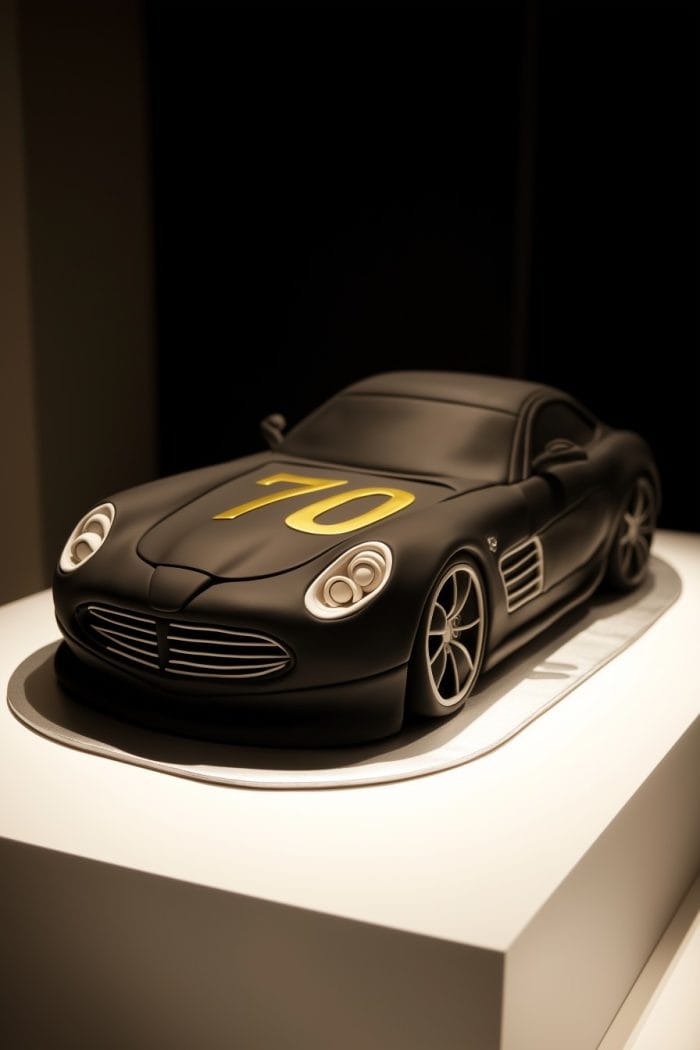 A sleek black sports car model with the number "70" in yellow on the hood, displayed on a white platform under focused lighting, emphasizing its elegant design and vintage-inspired features.