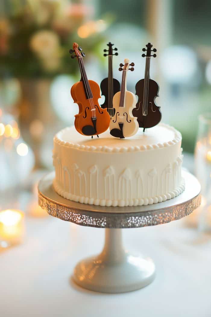 A white cake with decorative icing sits on a silver stand, topped with four miniature violin-shaped decorations. Soft, warm lighting from candles adds to the elegant ambiance.