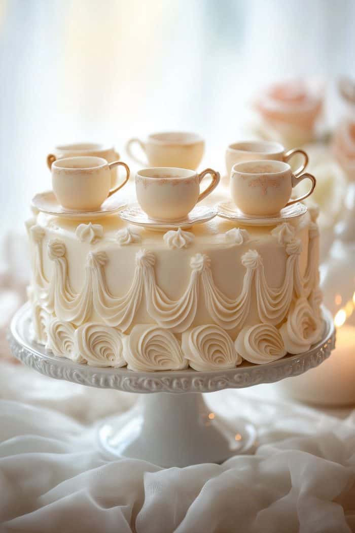 A decorative cake displayed on a stand, adorned with elegant white frosting swirls and topped with three delicate, white teacups. The background features soft-focus roses, creating a romantic atmosphere.