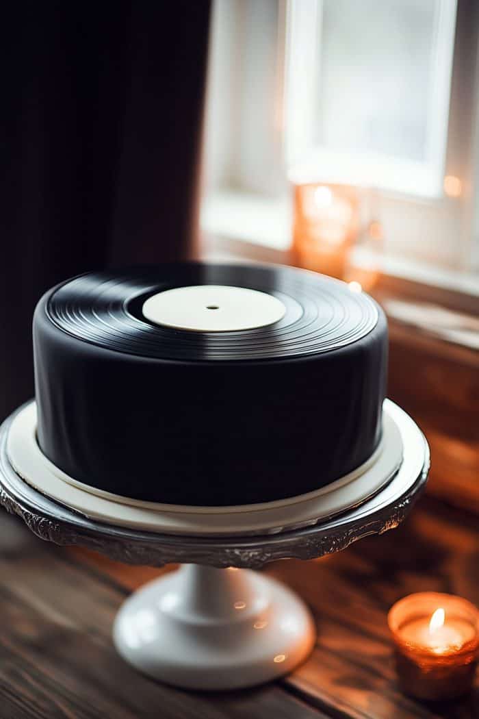 A cake designed to look like a vinyl record sits on a white cake stand. The setting includes a wooden table and softly lit candles nearby, creating a cozy atmosphere.