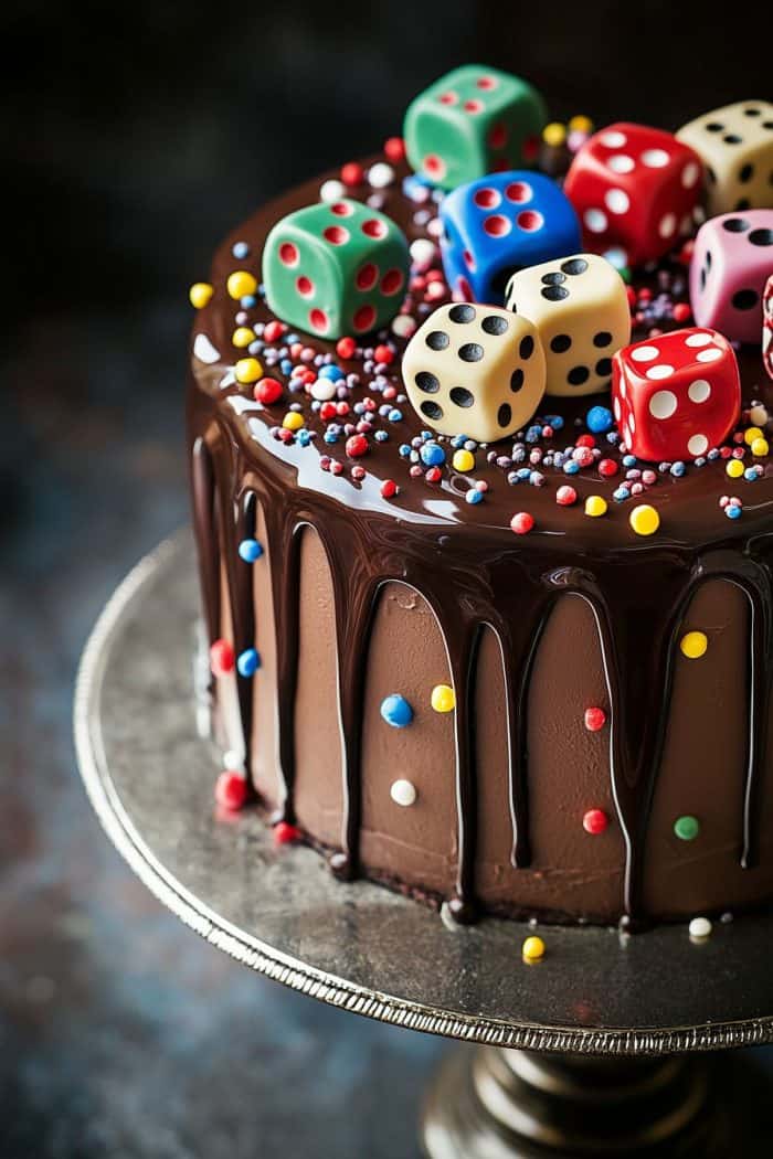 Chocolate cake with glossy ganache drips, topped with colorful dice-shaped fondant and multicolored sprinkles. The cake sits on a silver stand against a dark background.
