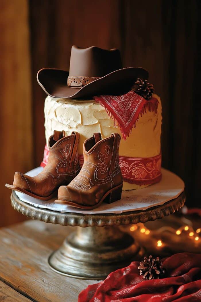 A rustic Western-themed cake with white frosting on a stand, topped with a cowboy hat and bandana. Small cowboy boots are placed on the cake. The wooden table is adorned with red bandanas and pinecones, with twinkling lights in the background.