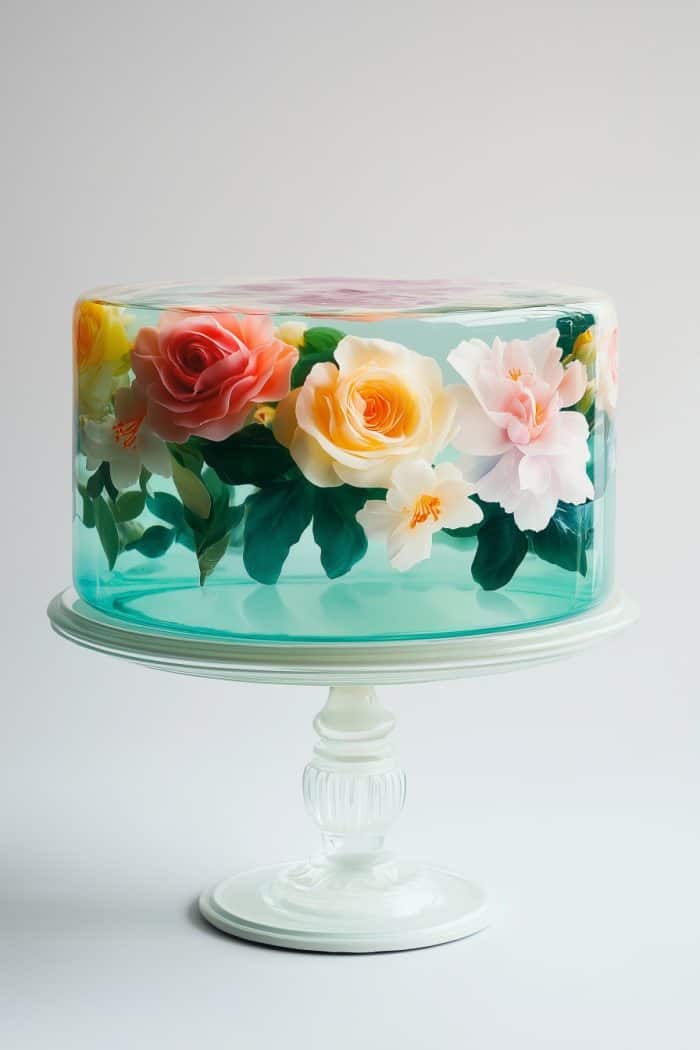A transparent gelatin cake on a white pedestal stand, featuring embedded colorful flowers and green leaves, providing an elegant and artistic presentation.