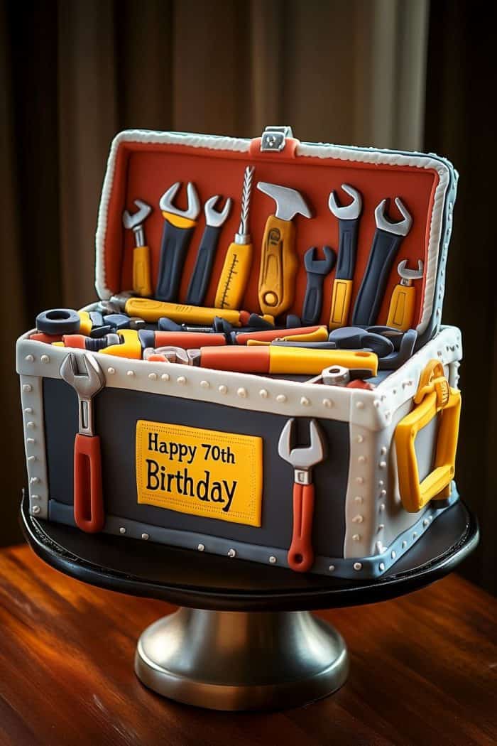A cake designed as a toolbox with various tool-shaped decorations, including wrenches and a hammer. The cake has a plaque reading "Happy 70th Birthday" and sits on a wooden table.