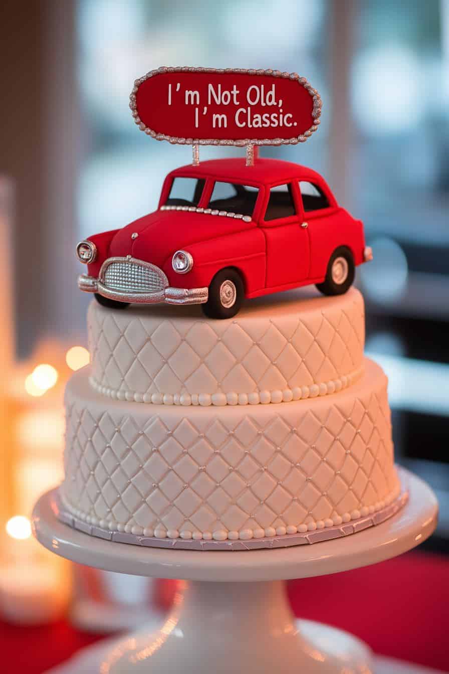 A two-tier cake with quilted icing design, topped with a red vintage car model. A red sign on top of the car reads, "I'm Not Old, I'm Classic." The scene is warmly lit, creating a celebratory atmosphere.