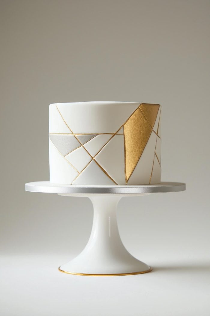 A sleek white cake on a pedestal stand, decorated with geometric patterns in gold and silver. The modern design features intersecting lines and triangles, giving it an elegant and artistic appearance.