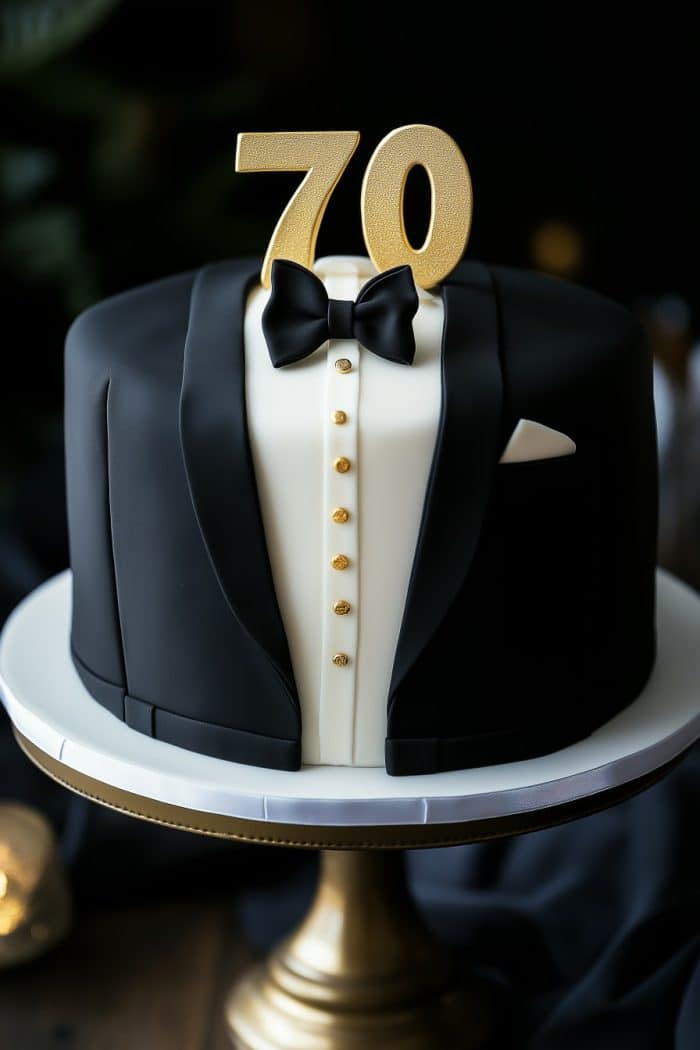 Sophisticated cake designed as a tuxedo with a bow tie and pocket square. The top features a golden "70" topper. The cake is on a gold stand, set against a dark background.