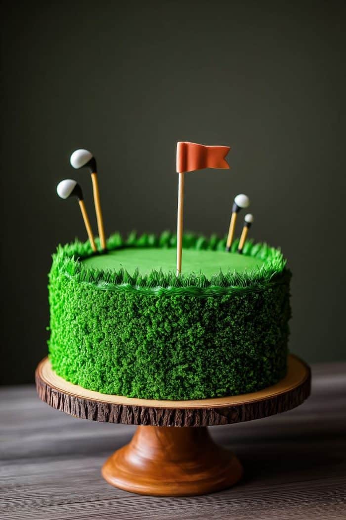 A round cake decorated with green frosting resembling grass, featuring small golf balls on tees, and a red flag on top. The cake sits on a wooden stand against a dark green background.