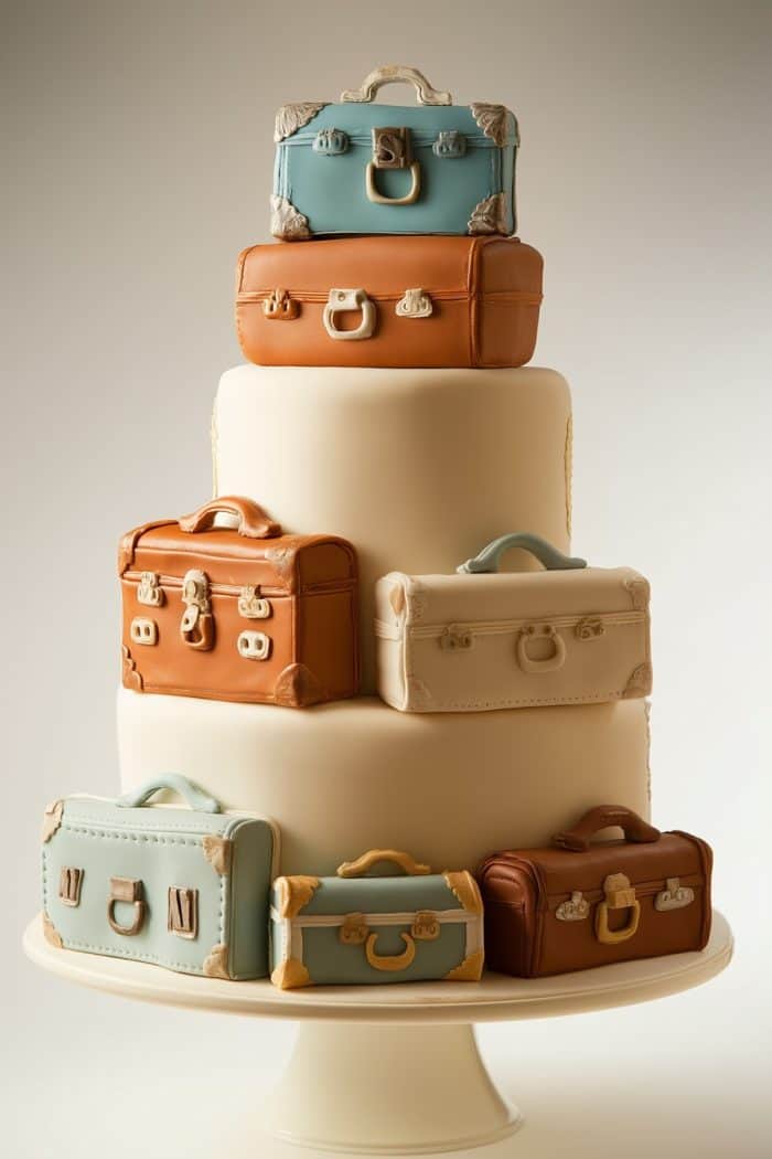A tiered cake adorned with suitcase-shaped fondant decorations. The suitcases vary in colors including blue, brown, and beige, each detailed with handles and buckles. The cake sits on a white stand against a soft, neutral background.