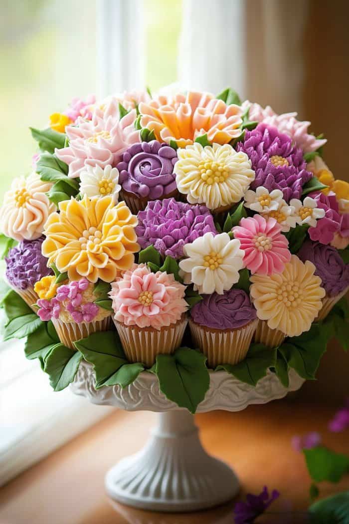 A beautifully arranged bouquet of cupcakes topped with intricate frosting flowers in shades of pink, purple, yellow, and white, placed on a decorative white cake stand near a window.
