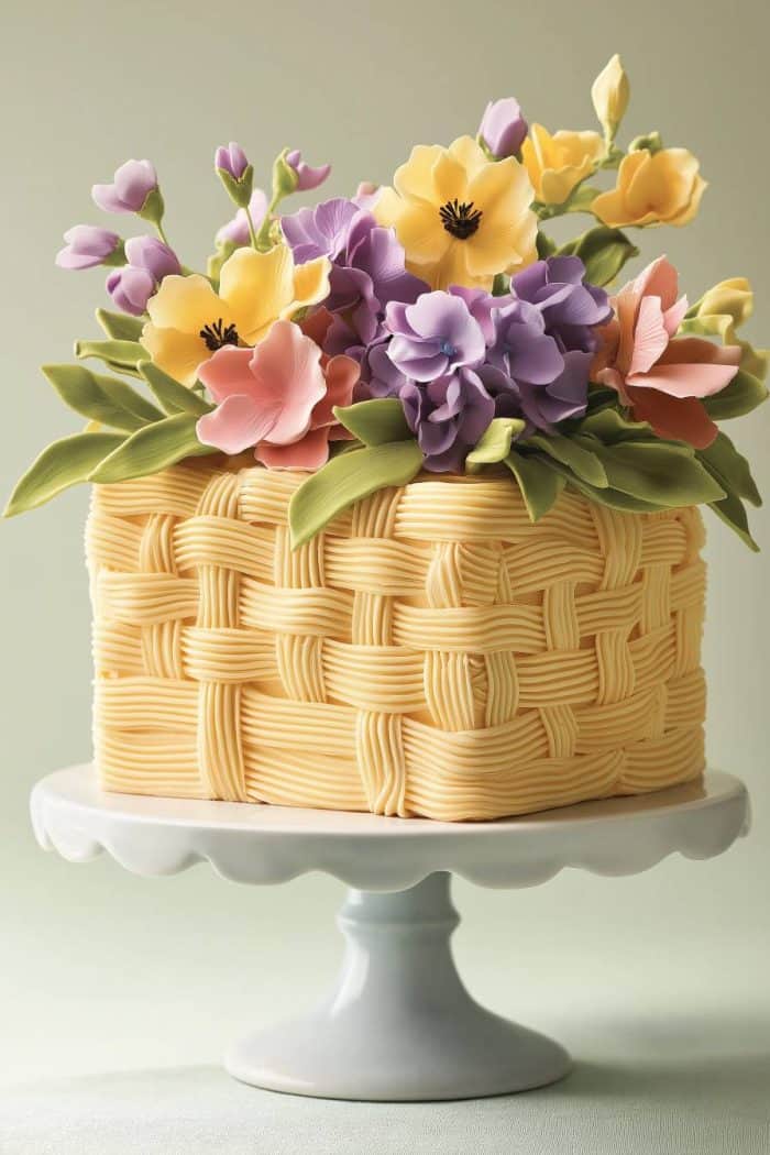A square cake with intricate yellow basketweave frosting is adorned with colorful, realistic sugar flowers in shades of purple, pink, and yellow. It sits on a white cake stand against a light green background.