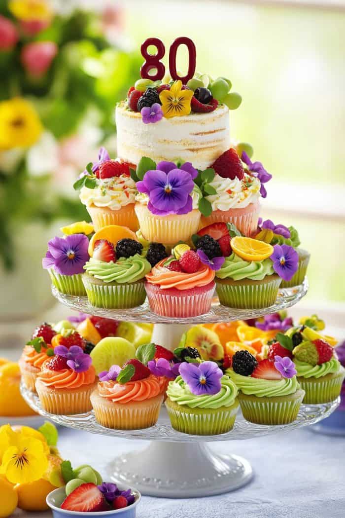 A three-tiered dessert display features a small cake with "80" on top, surrounded by colorful cupcakes decorated with flowers and fruit. The setting includes bright flowers and a sunlit background.