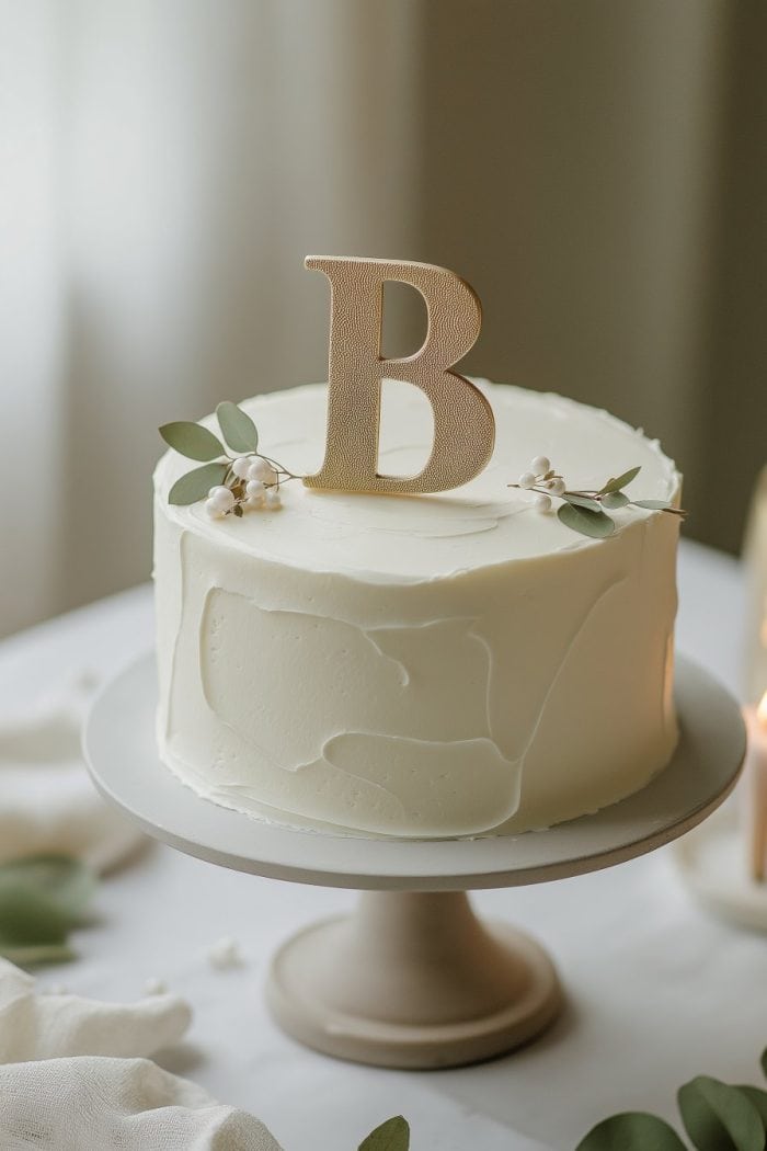A white frosted cake on a stand, decorated with a large golden letter "B" topper and small greenery and white berry accents. The cake sits on a white table with soft lighting in the background.
