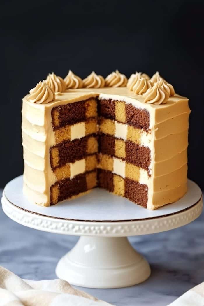 A checkerboard cake with alternating layers of chocolate and vanilla, topped with smooth beige frosting. A slice has been cut to reveal the checkerboard pattern. The cake sits on a white cake stand against a dark background.