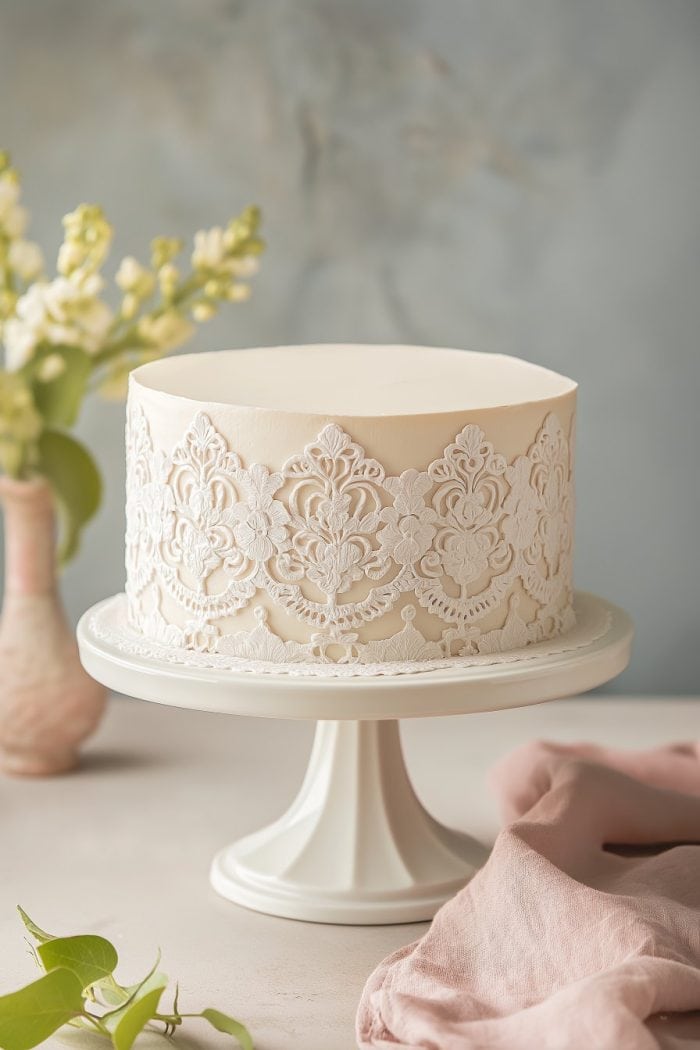 A beautifully decorated white cake with intricate lace-like icing patterns sits on a white cake stand. A soft pink cloth and a vase of flowers are nearby, set against a soft, blurred background.