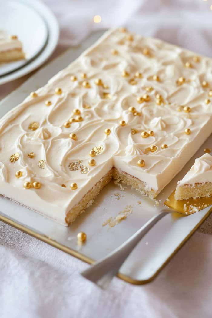 A rectangular cake with creamy white frosting is topped with gold sprinkles and small edible gold balls. A slice has been removed, revealing the cake's soft texture. The dessert is placed on a rectangular tray with a cake server.
