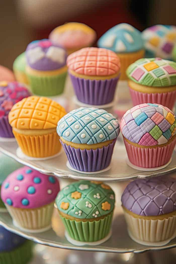 A display of colorful cupcakes on a stand, each topped with uniquely patterned icing in various designs and pastel colors, including polka dots, plaid, and floral motifs.