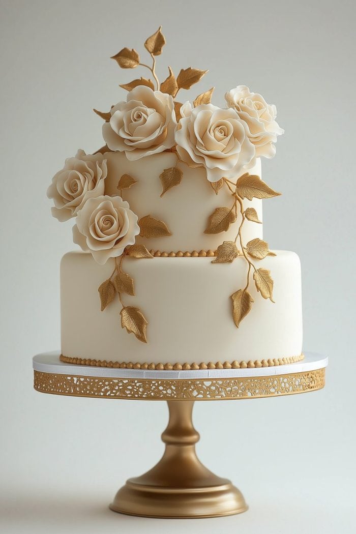 A two-tiered white cake decorated with elegant gold roses and leaves, showcasing intricate floral details. The cake is placed on a gold cake stand with a decorative lace-patterned edge.