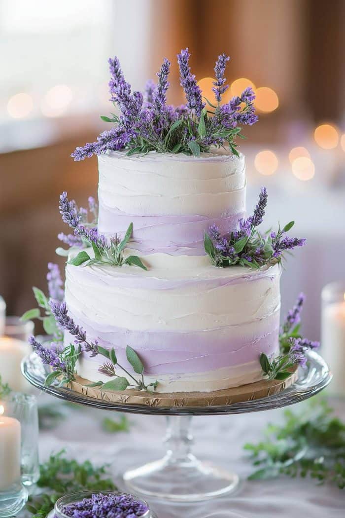 A two-tiered white and lavender wedding cake adorned with lavender flowers and leaves. The cake is on a glass stand, surrounded by candles and greenery, creating an elegant and romantic setting.