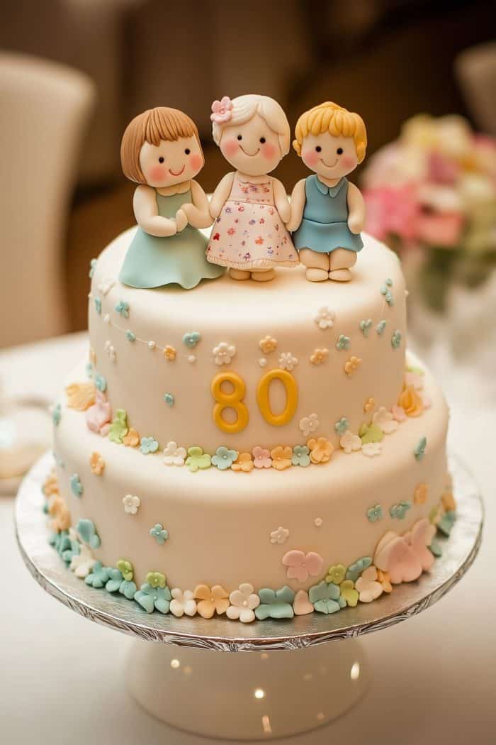 A two-tiered cake decorated with pastel flowers and the number 80. Three fondant figures, two girls, and a boy, stand on top. The setting is a decorated table.