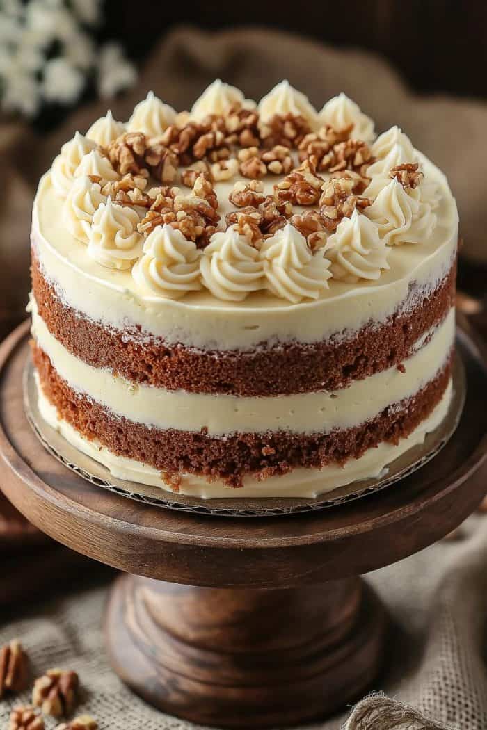 A layered carrot cake with cream frosting sits on a wooden stand. It's topped with piped swirls of frosting and sprinkled with walnuts. The background features blurred greenery and burlap fabric for a rustic touch.