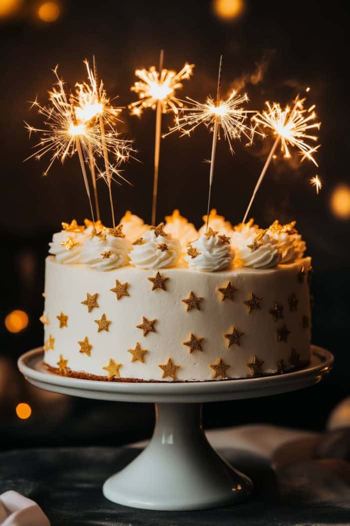 A decorated white cake with gold star patterns sits on a cake stand. Sparklers are lit on top, creating a festive atmosphere with a dark, blurred background.