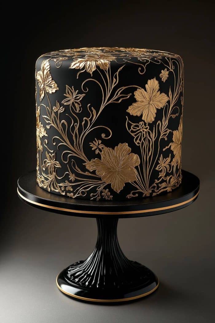 A tall, elegant cake with intricate golden floral designs on a black fondant surface, displayed on a matching black and gold cake stand against a dark background.