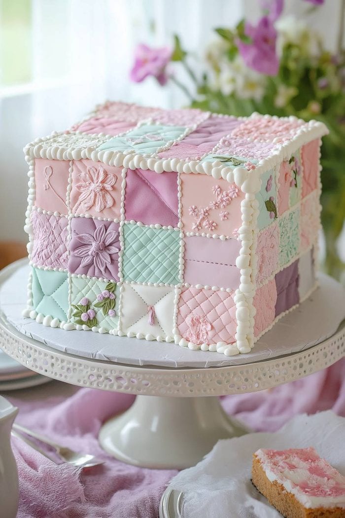 A square cake decorated to resemble a quilt, featuring pastel-colored squares with floral and geometric patterns. The cake sits on a white cake stand, surrounded by delicate purple flowers and partially visible plates.