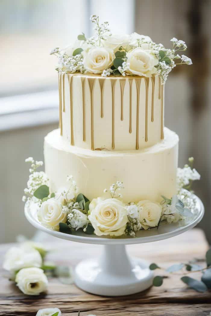 A two-tiered white wedding cake with gold drips on the top layer, adorned with ivory roses and small white flowers. The cake is displayed on a white cake stand, with additional flowers and eucalyptus around it.