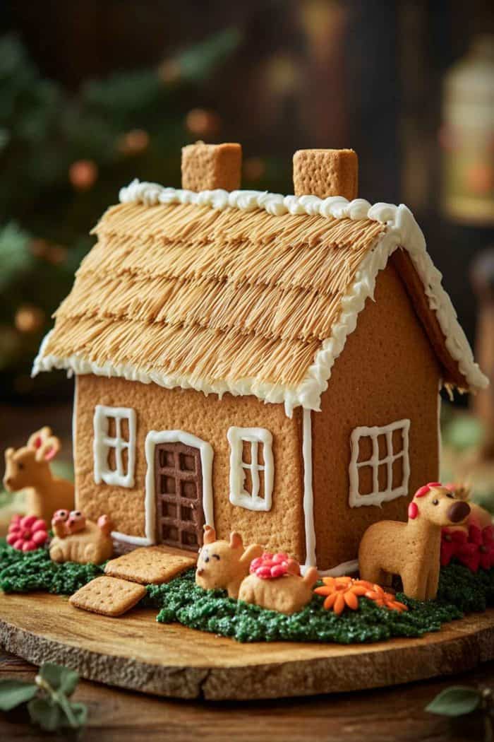 A gingerbread house with a thatched roof is decorated with icing and surrounded by animal-shaped cookies on a wooden board.