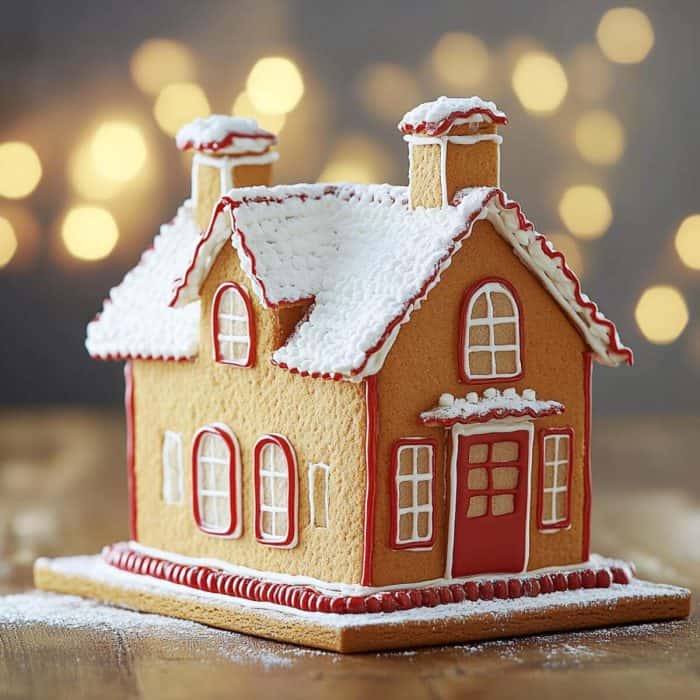 A gingerbread house with white and red icing detail sits on a wooden surface, with blurred yellow lights in the background.
