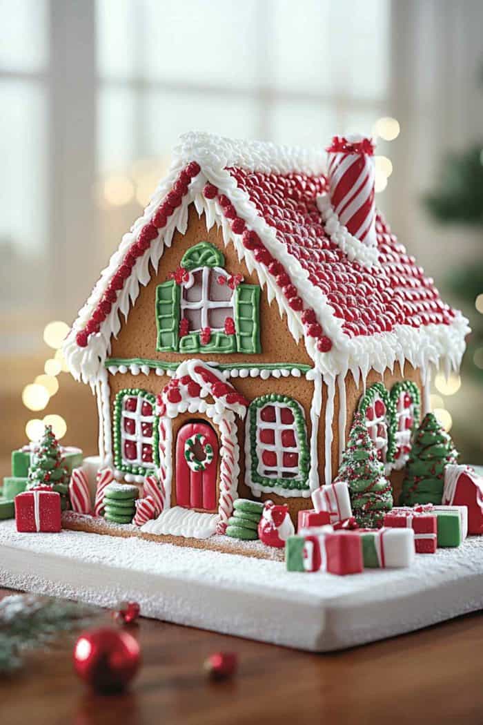 A detailed gingerbread house adorned with white and red icing, green detailing, and surrounded by miniature Christmas trees and gift boxes is displayed on a white base.