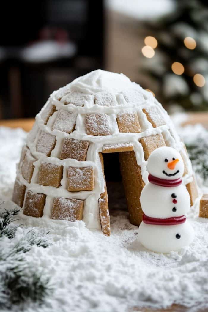 A gingerbread igloo dusted with powdered sugar has an open doorway. A small snowman with a red scarf stands beside it in a snowy scene with pine branches in the foreground.