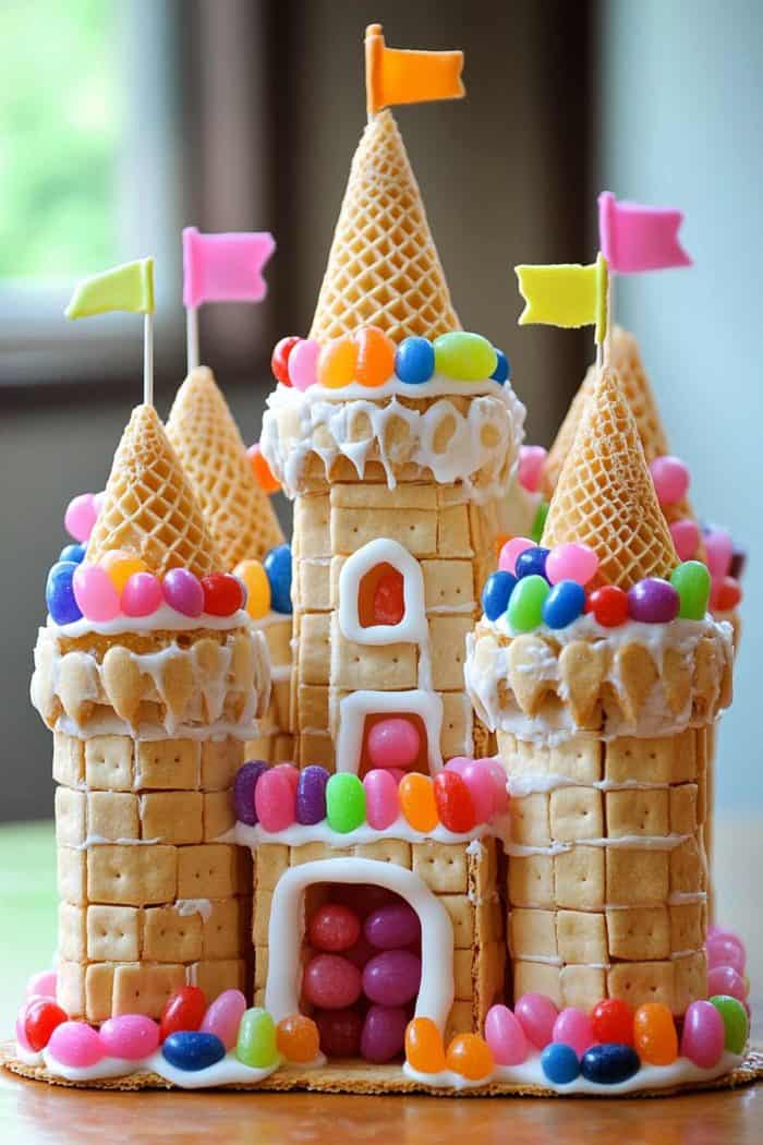 A castle made of waffles, ice cream cones, and icing, decorated with colorful jelly beans and mini flags.
