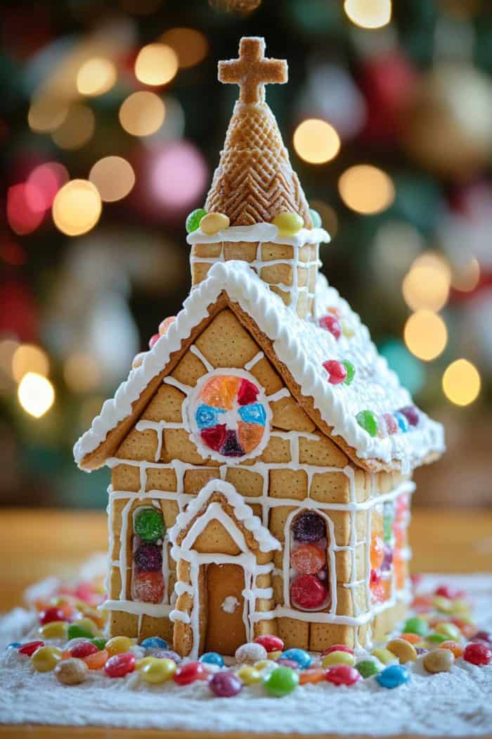 A gingerbread house decorated as a church, featuring a cross on top, stained sugar window designs, and colorful candy accents, with a bokeh effect of lights in the background.