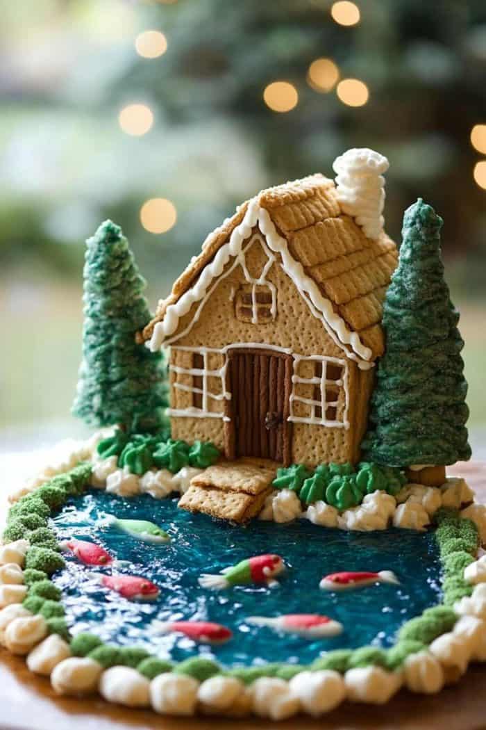 A gingerbread house sits beside a pond with icing fish surrounded by icing greenery and two decorated confectionery trees.