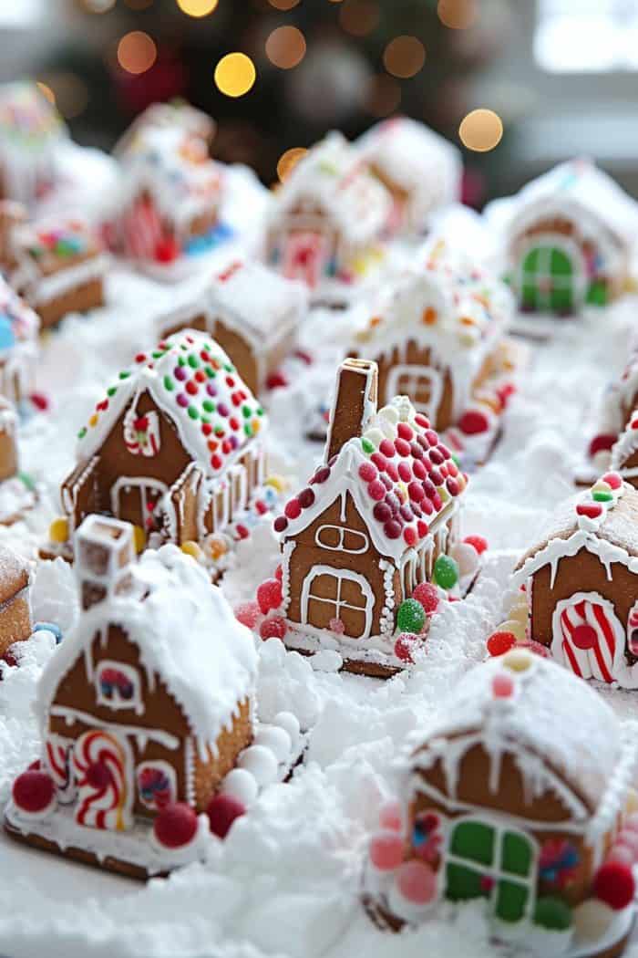 A display of decorated gingerbread houses arranged on a surface dusted with powdered sugar, simulating a snowy village scene. Various candy details adorn the houses. A blurred Christmas tree is in the background.