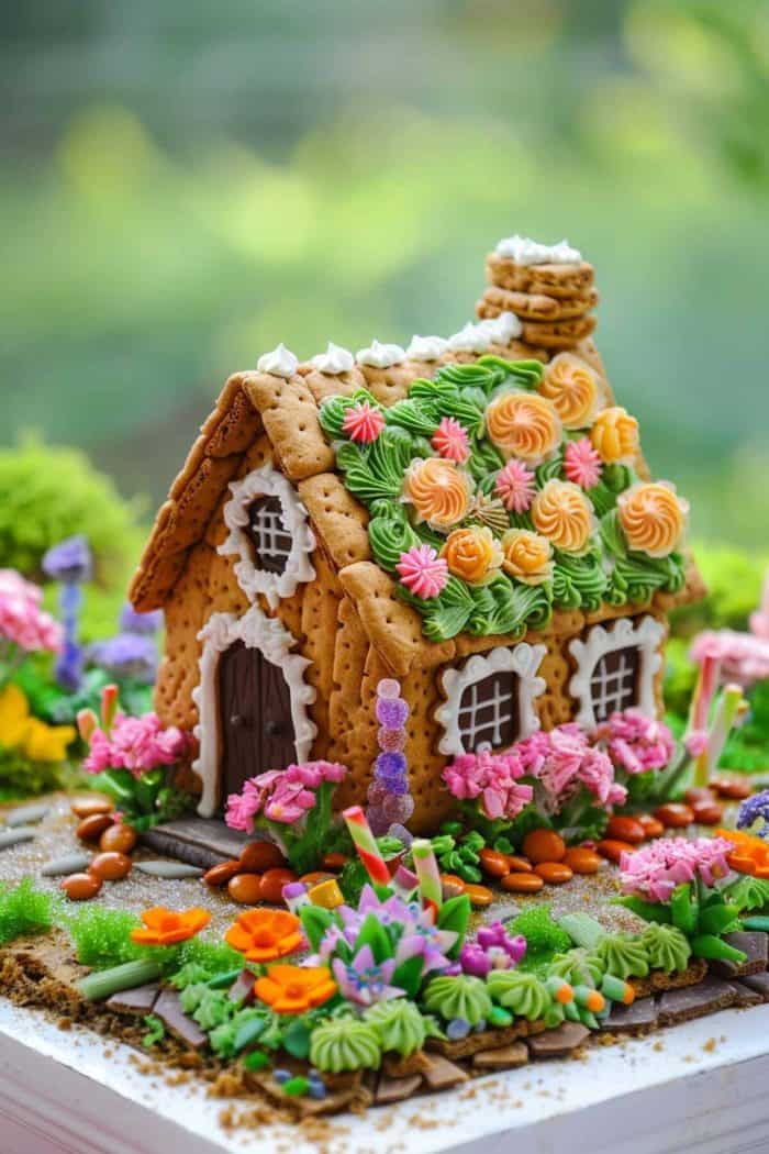 A decorated gingerbread house with icing and colorful candy, surrounded by an assortment of vibrant, edible flowers and greenery.