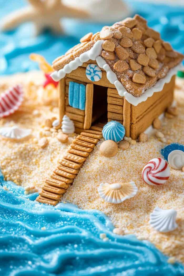 A gingerbread beach hut with a cookie path sits on a sandy shoreline, surrounded by sea-themed candies and blue icing representing water.