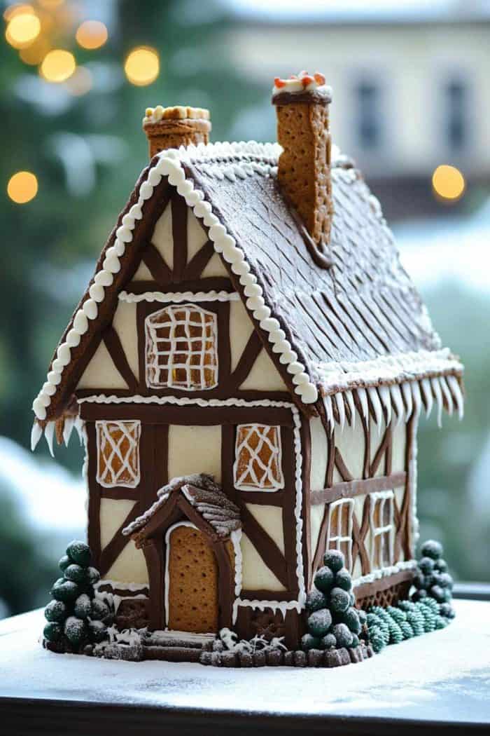 A detailed gingerbread house with gingerbread walls, roof, and decorations, set on a surface with evergreen tree decorations. The background is blurred with lights and a window visible.