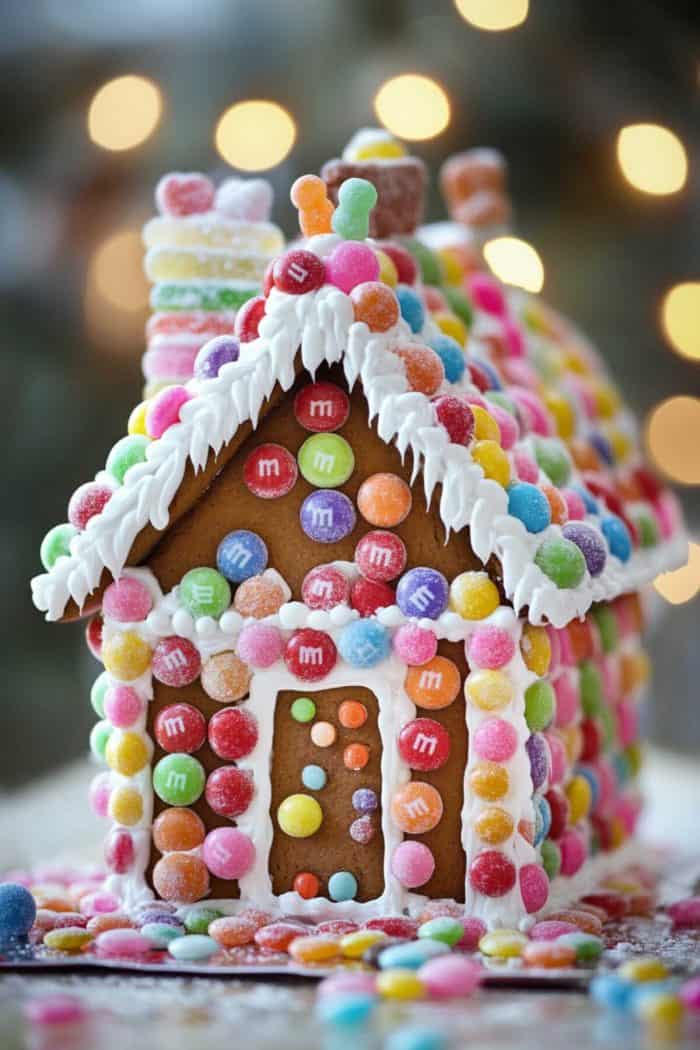 A gingerbread house decorated with colorful candies and white icing, set against a blurred background with warm bokeh lights.