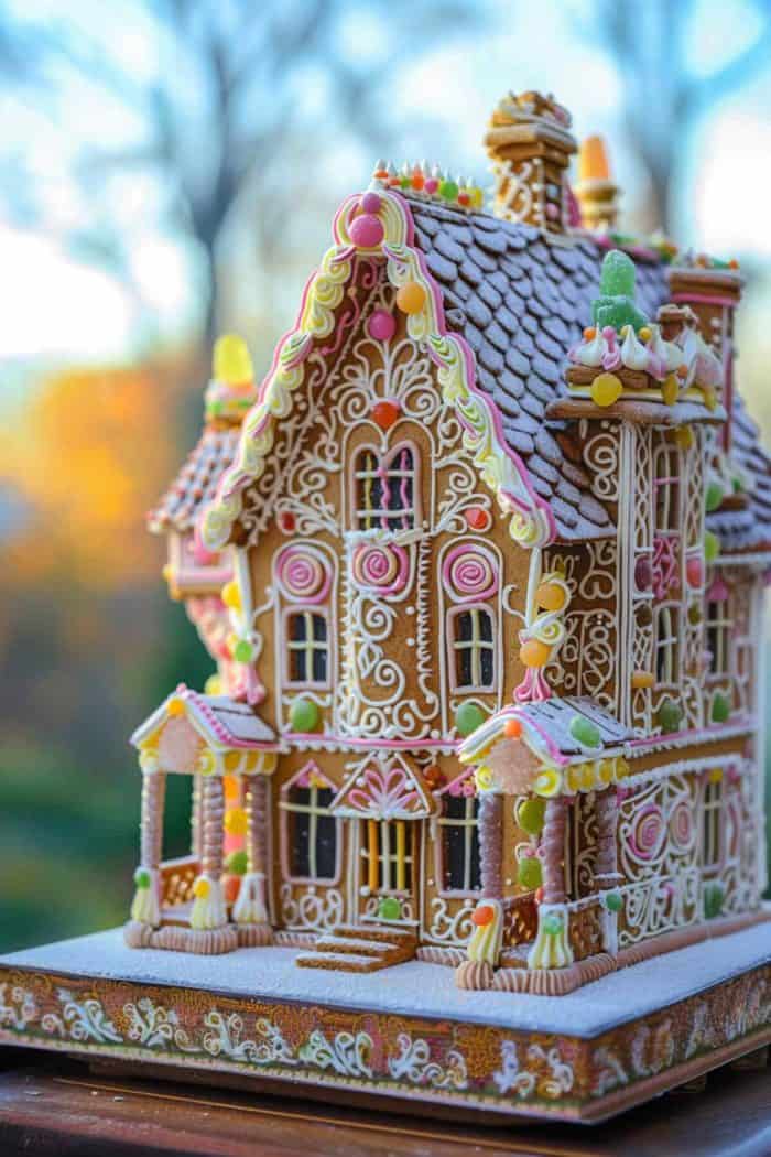 A detailed gingerbread house with intricate icing decorations and colorful candies, featuring multiple windows, a front porch, and a shingled roof.